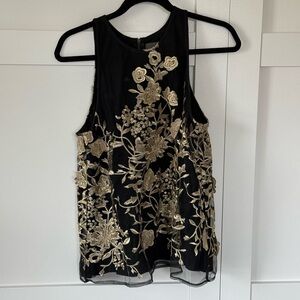 Anthropologie black tank with gold embroidered details